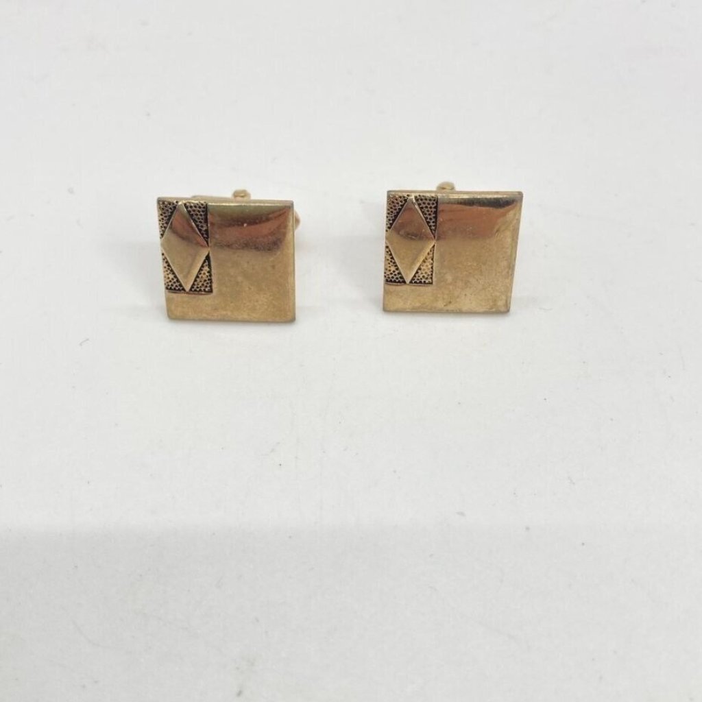 Vintage Swank Cufflinks Gold Tone .75" Square Diamond Design Embossed Mcm Signed